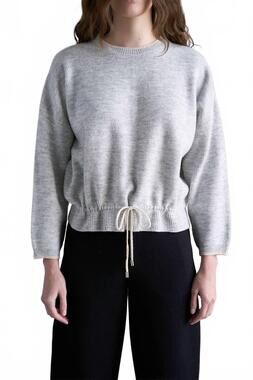 NEW ELLE GREY ribbed knit sweater with drawstring hem in grey